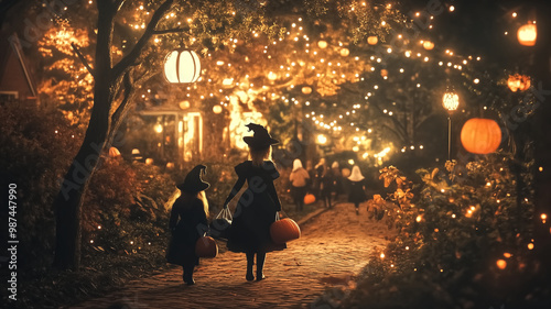 A vintage Halloween scene, featuring children in classic costume