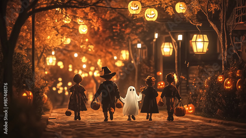 A vintage Halloween scene, featuring children in classic costume