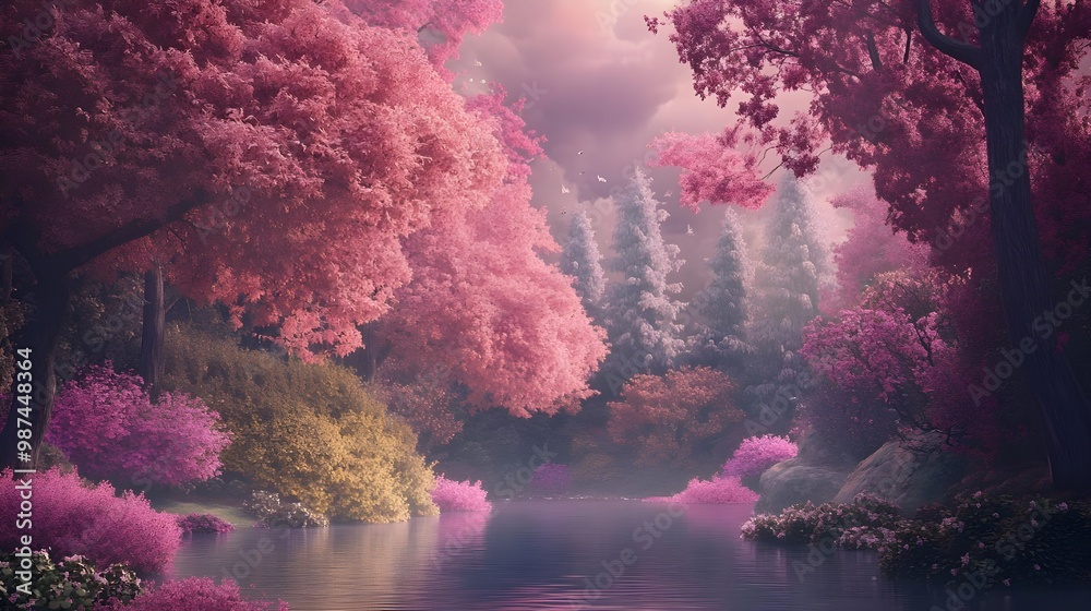 Serene pink forest with calm water reflection Serene pink forest with calm water reflection