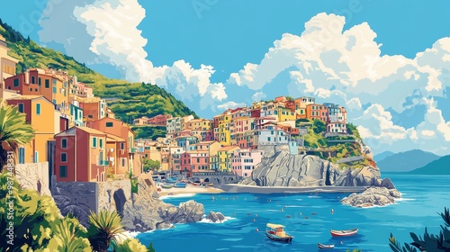 Colorful Coastal Village with Vibrant Houses and Scenic Ocean View on a Sunny Day