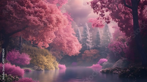 Serene pink forest with calm water reflection photo