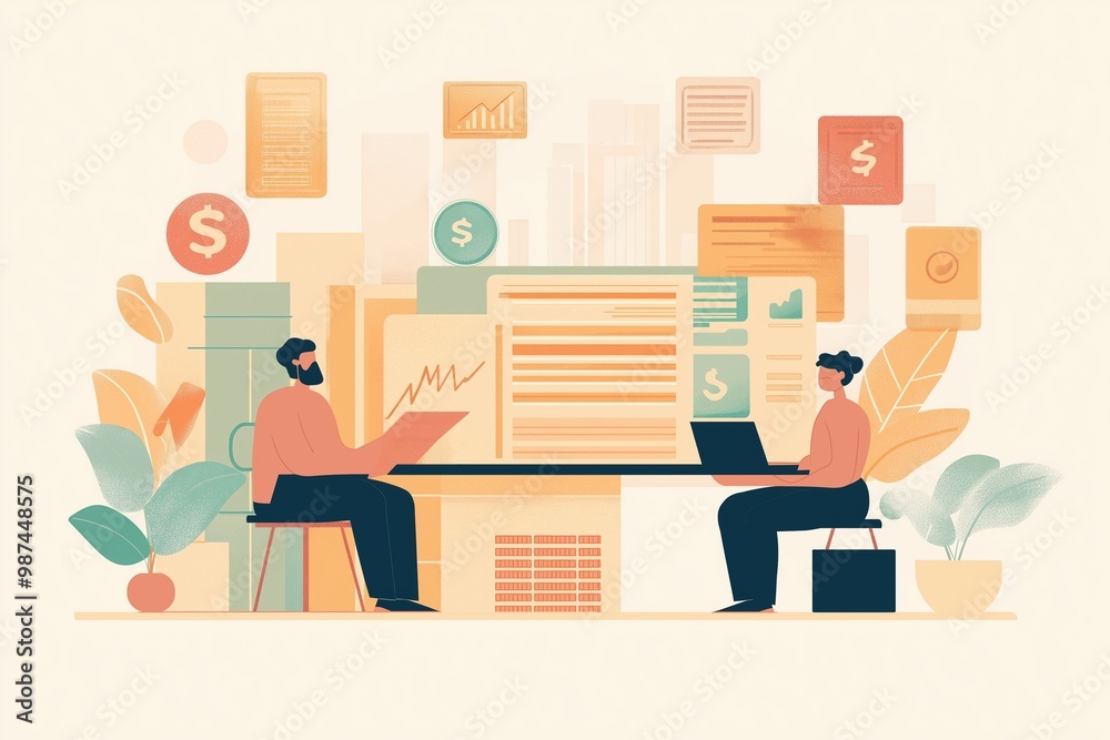 Obraz premium A corporate meeting in a Memphis style, featuring two professionals engaged in discussion with digital devices and data visuals