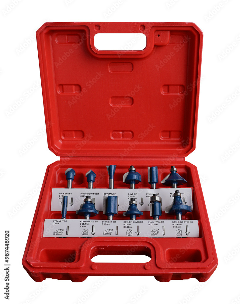 Router bit collection arranged in storage case on transparent background Router bit collection arranged in storage case on transparent background