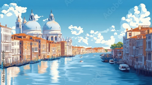 Stunning Illustration of Venice Canal with Historic Buildings and Blue Sky