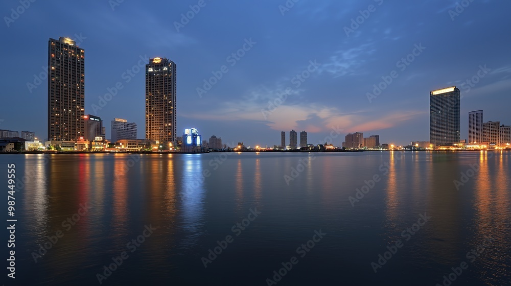 Naklejka premium City skyline at dusk with high-rise buildings illuminated, reflecting on the calm water, under a deep blue and cloudy sky.