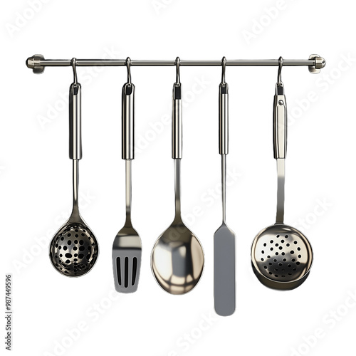 Set of five stainless steel kitchen utensils hanging on a rack, including ladle, spatula, slotted spoon, and skimmer on transparent background photo