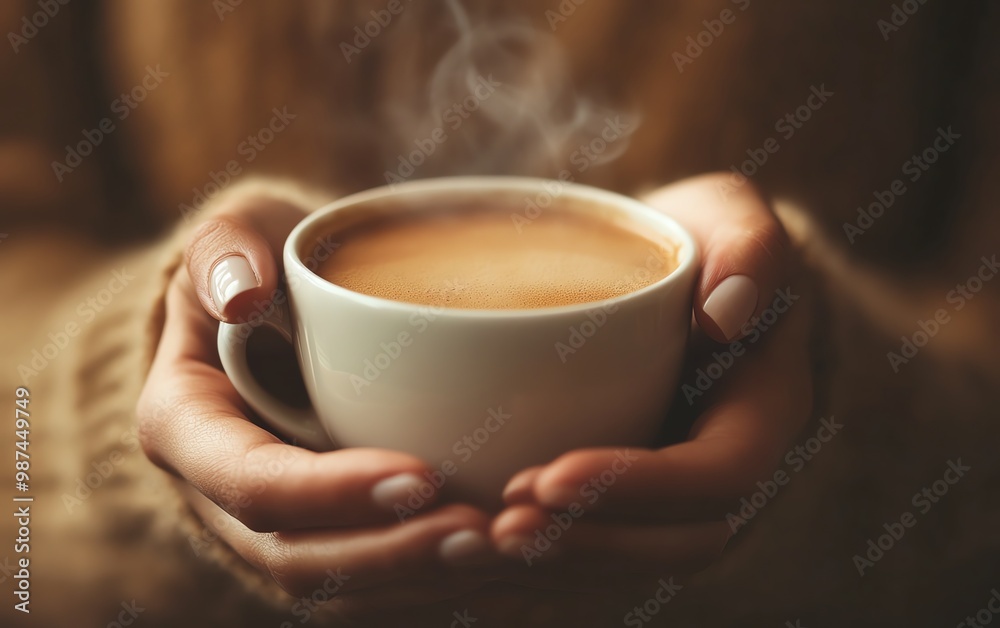 Hands holding a steaming cup of coffee in a cozy cafe Hands holding a steaming cup of coffee in a cozy cafe