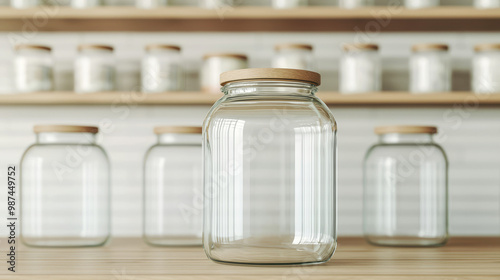 Clear glass jar with wooden lid, empty, standing on wooden table against blurred background of similar jars. photo