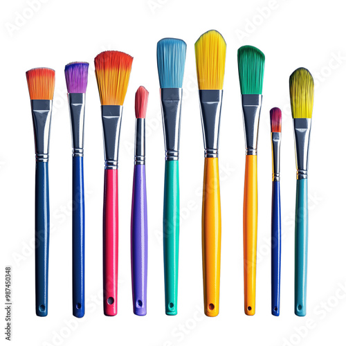 Collection of vibrant paintbrushes with colorful bristles and handles on a transparent background