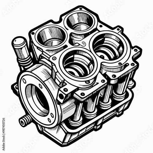 Detailed Hand Drawn Vector Illustration of Car Engine Cylinder Block for Technical Designs