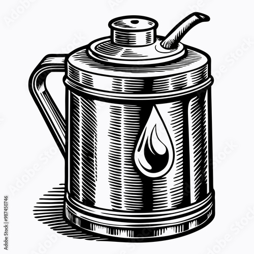 Vintage Oil Can with Woodcut Design and Droplet Motif in Black and White Illustration