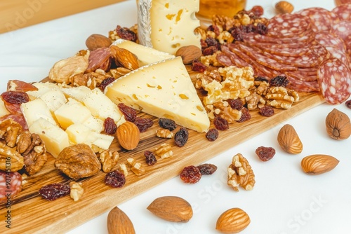 A variety of cheeses, nuts, and dried fruits arranged on a wooden platter. photo