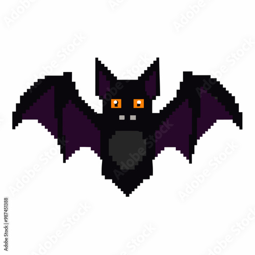Pixel Art Halloween Bat with Purple Wings on White Background   Retro Gaming Style