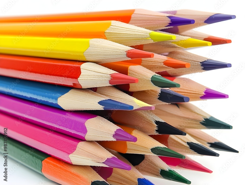 Vibrant Colored Pencil Fan on Crisp White Background Evoking Creative Office Vibe Vibrant Colored Pencil Fan on Crisp White Background Evoking Creative Office Vibe