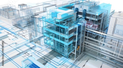 LOD (Level of Detail) Management: A technical blueprint displaying the concept of Level of Detail in 3D modeling, featuring multiple versions of a model with varying detail levels, optimizing performa
