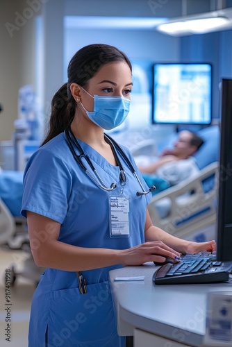 A nurse in scrubs working on a computer in a hospital setting.