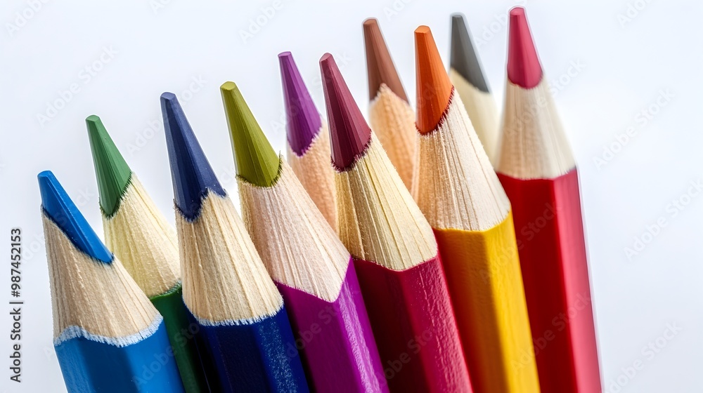 Fototapeta premium Vibrant Colored Pencils Arranged in Methodical Pattern on Pristine Background