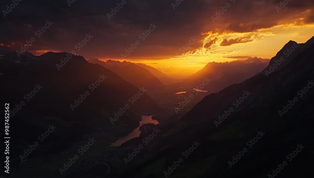 Naklejka premium Majestic Sunset Over Mountain Valley