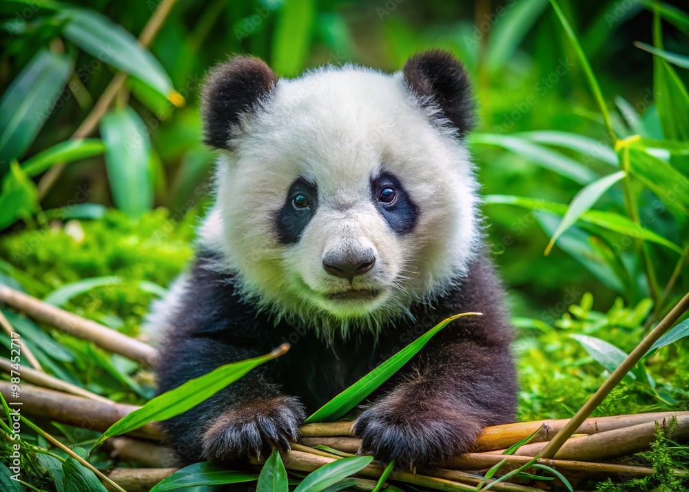 Adorable Panda Cub Playing in Green Grass Surrounded by Nature and Bamboo Forest in Daylight Adorable Panda Cub Playing in Green Grass Surrounded by Nature and Bamboo Forest in Daylight