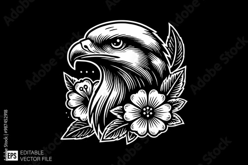 eagle and flower vector design black and white illustration