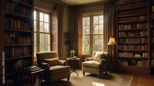 Cozy library with two chairs and bookshelves.