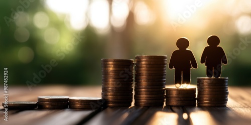 This image symbolizes financial hierarchy and empowerment, showcasing coins stacked alongside two figures, representing the importance of wealth distribution and gender equality in economics.