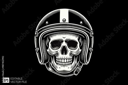 skull head wearing helmet dark art style vector design black and white illustration