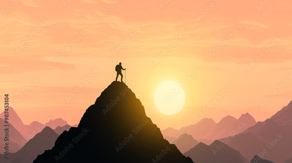 A lone hiker stands triumphantly atop a mountain peak, silhouetted against a stunning sunset sky, evoking a sense of adventure and freedom. A lone hiker stands triumphantly atop a mountain peak, silhouetted against a stunning sunset sky, evoking a sense of adventure and freedom.