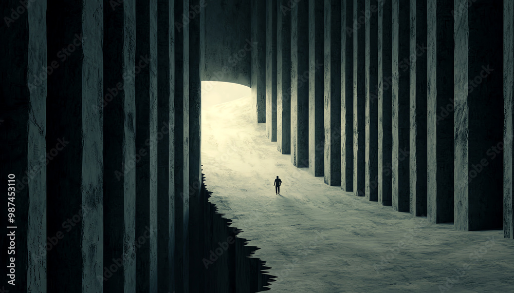 A solitary figure walking through a vast abstract space defined by towering pillars, evoking feelings of introspection and isolation. A solitary figure walking through a vast abstract space defined by towering pillars, evoking feelings of introspection and isolation.