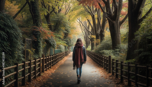 An image of a woman walking on a autumn forest path colored with autumn leaves