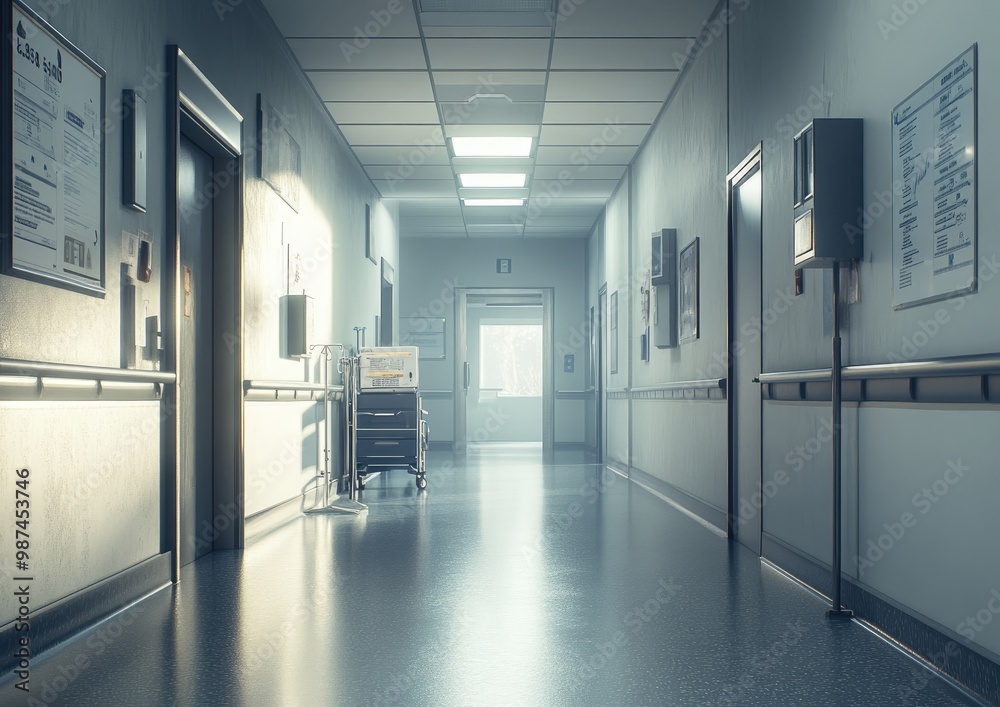 A hospital corridor with soft lighting and medical equipment, conveying a clinical atmosphere. A hospital corridor with soft lighting and medical equipment, conveying a clinical atmosphere.