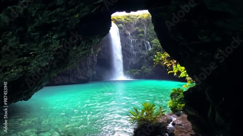 A tropical island with a majestic waterfall and river, surrounded by vegetation