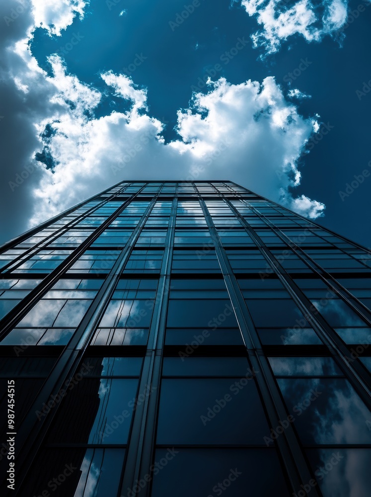 This striking image showcases a modern glass skyscraper reaching towards a vibrant blue sky, reflecting clouds and light, creating a harmonious blend of nature and architecture. This striking image showcases a modern glass skyscraper reaching towards a vibrant blue sky, reflecting clouds and light, creating a harmonious blend of nature and architecture.