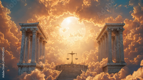 Scales of Justice on the backdrop of divine clouds and columns