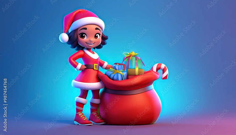A cheerful cartoon girl in a Santa outfit with a festive sack of gifts, seasonal spirit, and colorful decorations. A cheerful cartoon girl in a Santa outfit with a festive sack of gifts, seasonal spirit, and colorful decorations.