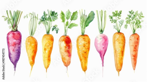 Hand drawn watercolor carrots and radishes collection on white background