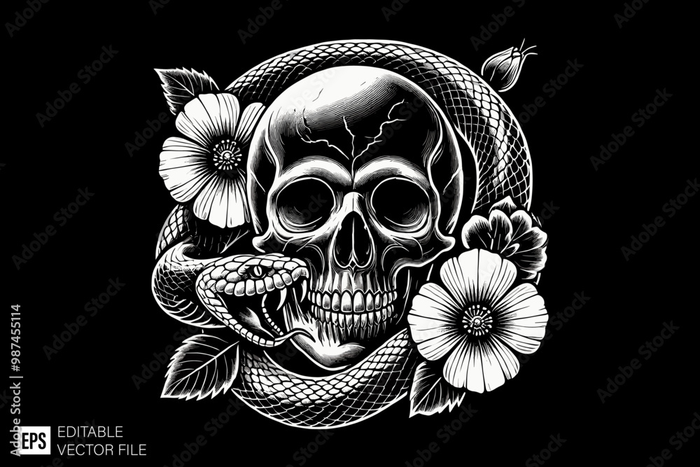 skull head with snake dark art style vector design black and white illustration skull head with snake dark art style vector design black and white illustration