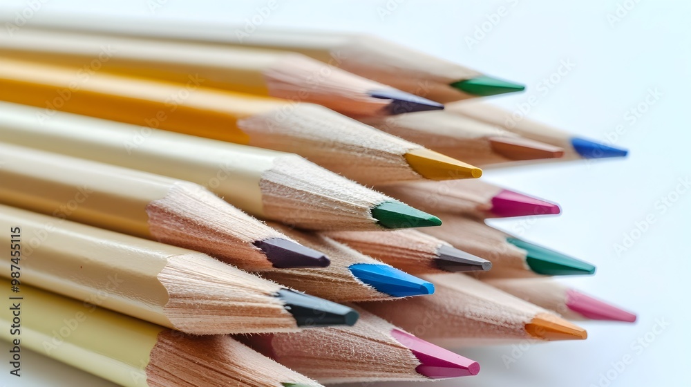 Fototapeta premium Vibrant Prismatic Colored Pencils Arranged on White Surface Evoking Potential