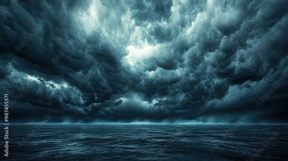 Dramatic Stormy Sky Over Dark Ocean with Heavy Clouds and Turbulent Waves Dramatic Stormy Sky Over Dark Ocean with Heavy Clouds and Turbulent Waves