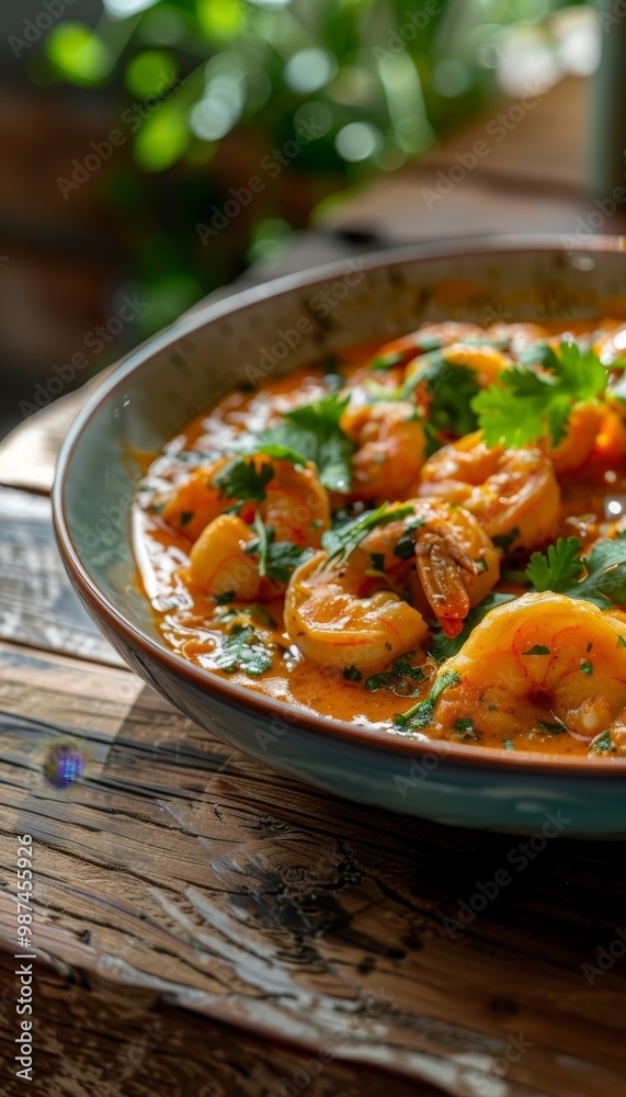 Vibrant low syn goan prawn curry in rich sauce, garnished with fresh cilantro on rustic table Vibrant low syn goan prawn curry in rich sauce, garnished with fresh cilantro on rustic table