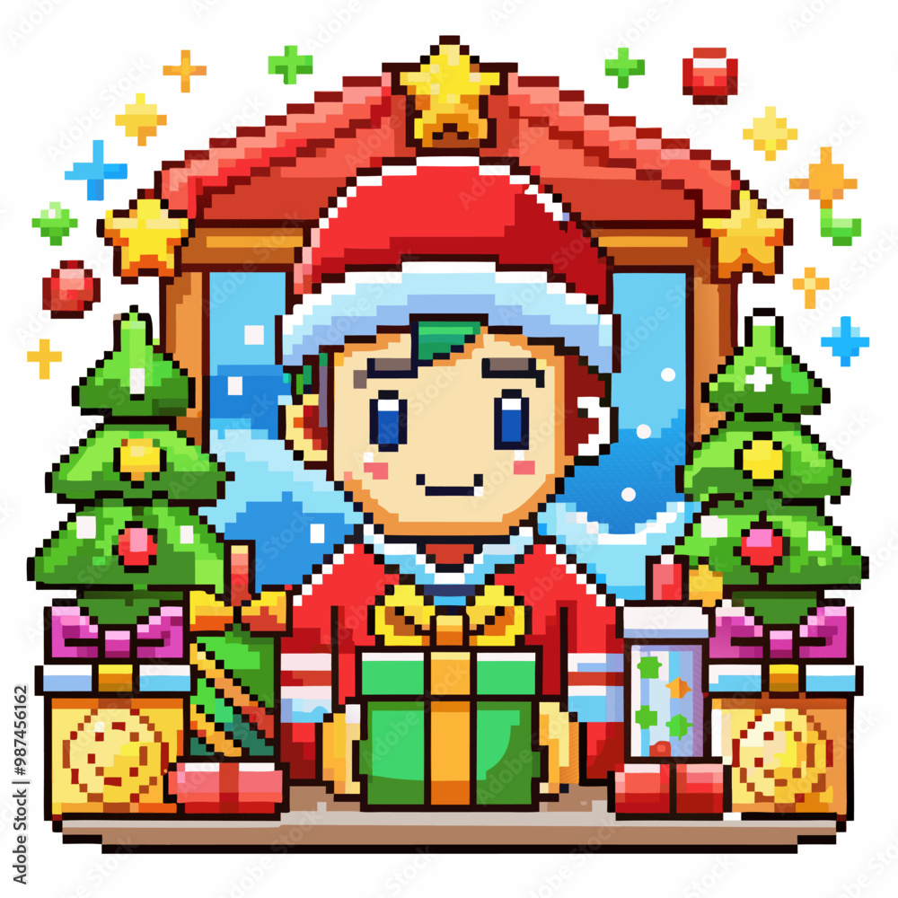 Pixel Art Christmas Character with Santa Hat and Holiday Decorations Pixel Art Christmas Character with Santa Hat and Holiday Decorations