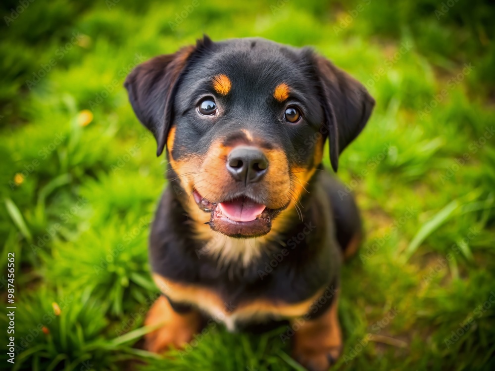 Adorable Rottweiler Puppy Sitting on Grass with Playful Expression and Bright Eyes in Nature Adorable Rottweiler Puppy Sitting on Grass with Playful Expression and Bright Eyes in Nature