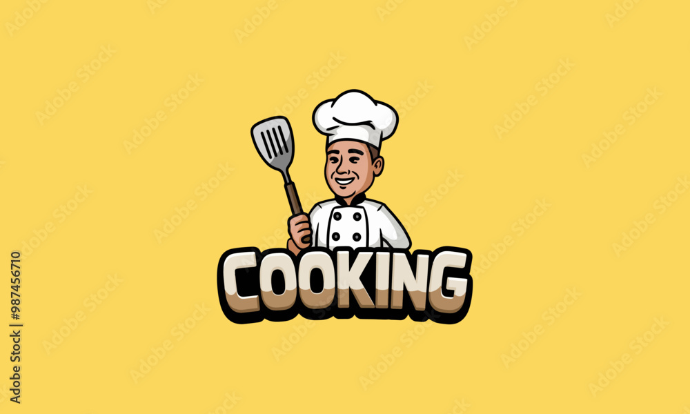 Happy chef holding a spatula with Cooking text vector