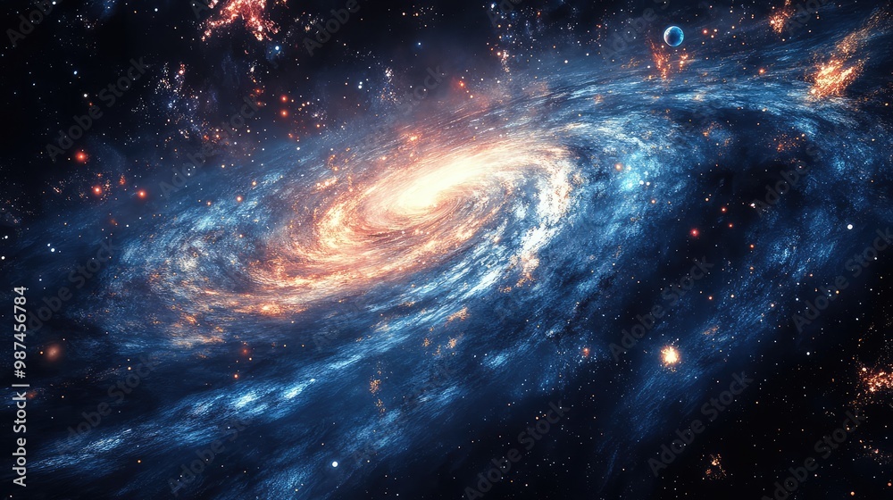 Fototapeta premium A 3D galaxy arm, with glowing stars, planets, and gas clouds spiraling outwards into space.