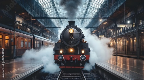 Steam train in historic railway station photo