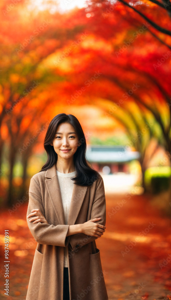 Serene Woman Standing on a Colorful Autumn Path Surrounded by Vibrant Red and Green Foliage Serene Woman Standing on a Colorful Autumn Path Surrounded by Vibrant Red and Green Foliage