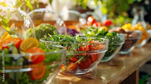 Fresh vegetables and fruits arranged in bowls at a vibrant salad bar for lunchtime selections