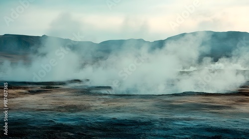 Steaming geothermal landscape, natural phenomena