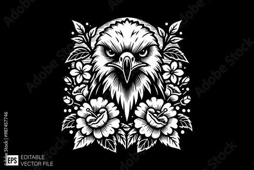 eagle and flower vector design black and white illustration