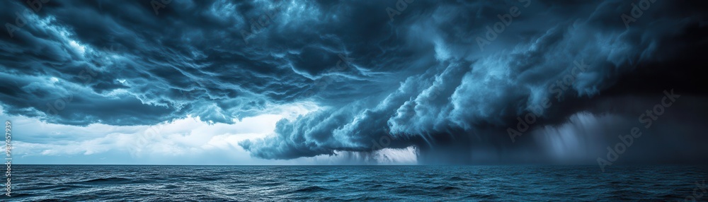 Dramatic Storm Clouds Over the Ocean with Dark Sky and Heavy Rainfall Dramatic Storm Clouds Over the Ocean with Dark Sky and Heavy Rainfall